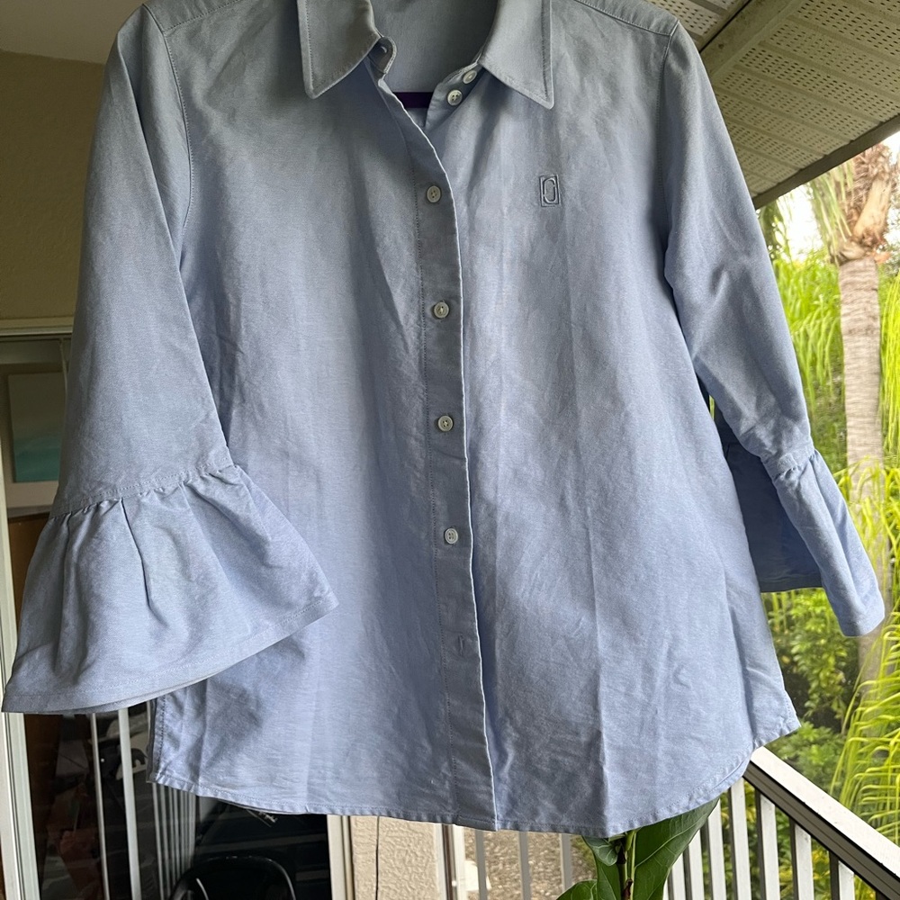 Marc Jacobs bell sleeve Blue Button-Up Oxford blouse with meticulously sewn slee